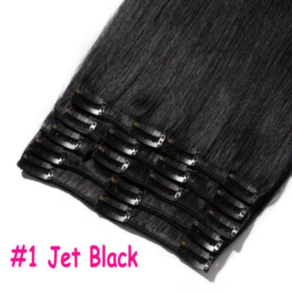 A Full Set 8 Pcs 18 clips Hair Extensions 23" Jet Black Straight New in Package